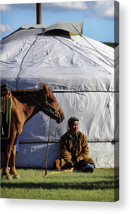 Horse Acrylic Print featuring the photograph Mongolian Herder Sits Outside Ger With by Timothy Allen