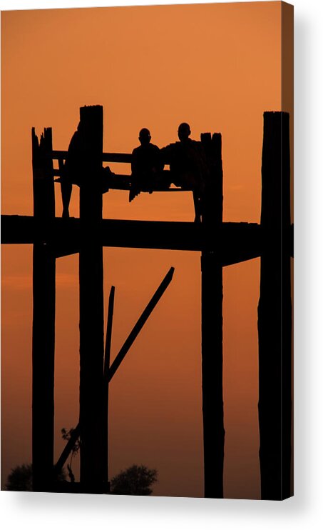 Orange Color Acrylic Print featuring the photograph Monks Resting On Uben Bridge - Myanmar by Copyright Pascal Carrion
