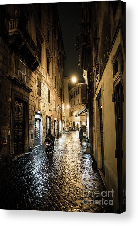 Italy Acrylic Print featuring the photograph Motorbike in Narrow Street at Night in Rome in Italy by Andreas Berthold