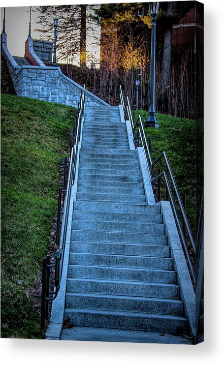 Centennial Stairs Acrylic Print featuring the photograph Norwich University Centennial stairs with Dates by Jeff Folger