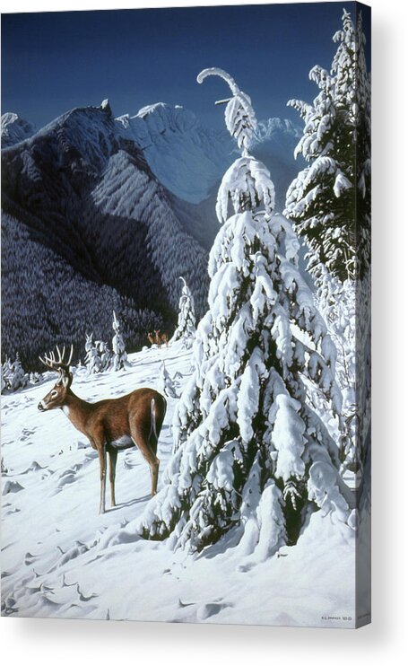 A Buck Standing In A Snow Covered Meadow Deer Acrylic Print featuring the painting October Snow by Ron Parker