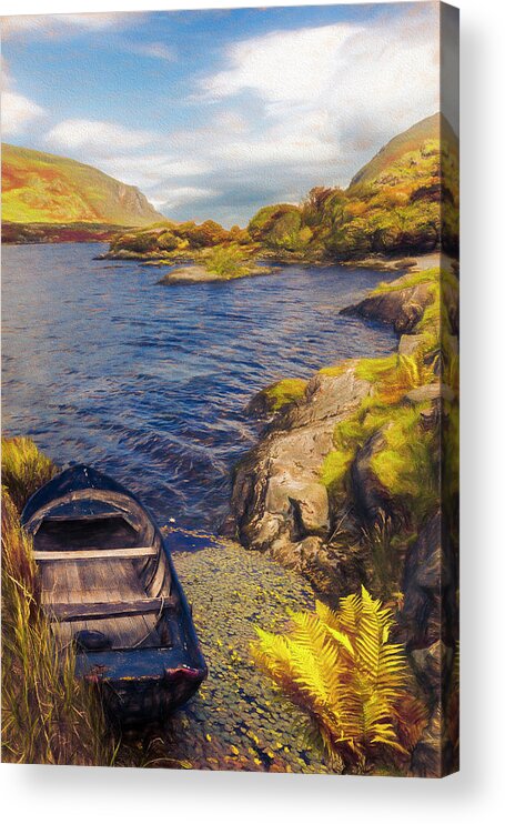 Boats Acrylic Print featuring the photograph On a Lake of Blue in Autumn Watercolors by Debra and Dave Vanderlaan