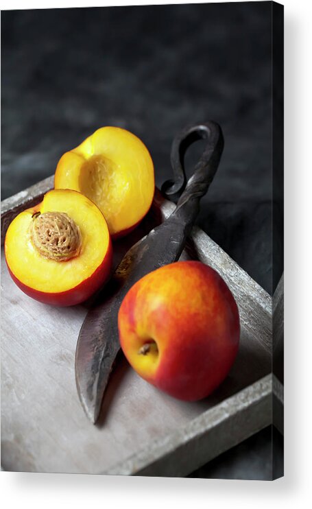 Vitamin Acrylic Print featuring the photograph Peaches With Knife On Tray, Close Up by Westend61