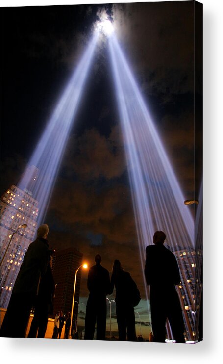 People Acrylic Print featuring the photograph People Look Skyward As The World Trade by New York Daily News Archive