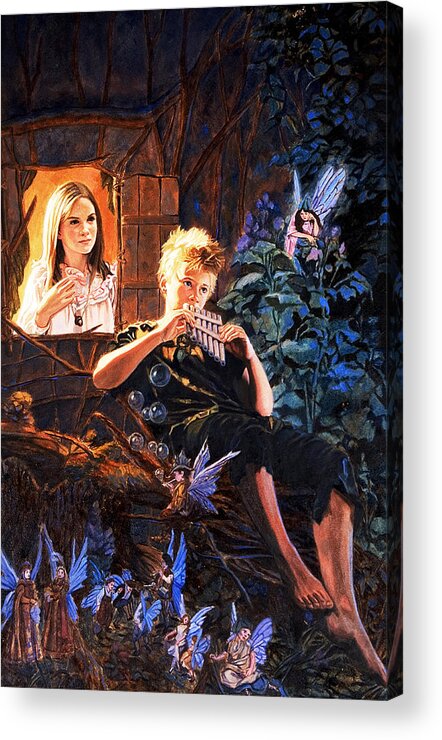 Peter Pan. Peter Pan And Wendy Acrylic Print featuring the painting Peter Pan by Patrick Whelan