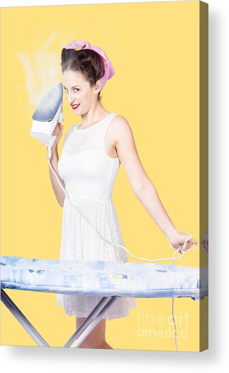 Cleaning Acrylic Print featuring the photograph Pin up woman providing steam clean ironing service by Jorgo Photography