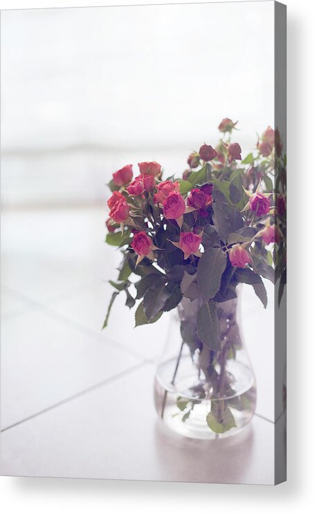 Vase Acrylic Print featuring the photograph Pink Roses In Vase by Francesca Guadagnini