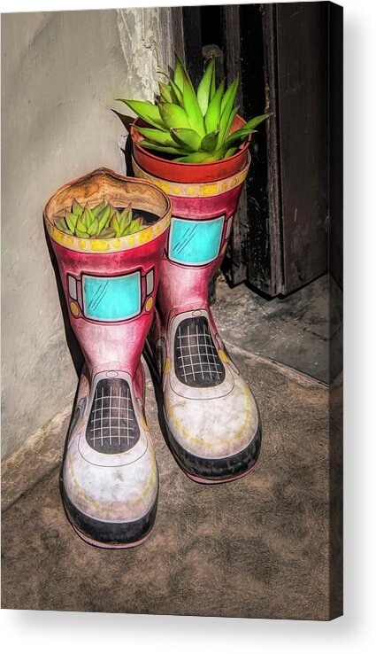 Boots Acrylic Print featuring the photograph Planter Boots At Door In Florence Italy by Gary Slawsky