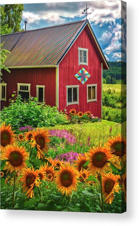 Barns Acrylic Print featuring the photograph Red Barn in Summer Sunflowers Watercolor Painting by Debra and Dave Vanderlaan