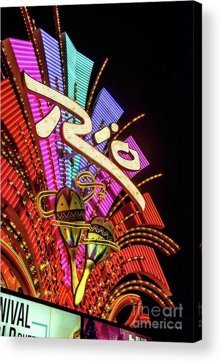 The Rio Acrylic Print featuring the photograph Rio Casino Sign at Night low Angle from the North West by Aloha Art