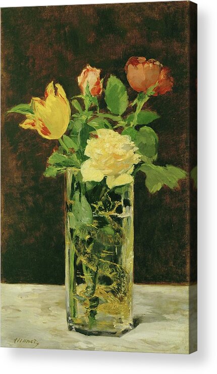 Edouard Manet Acrylic Print featuring the painting Rose and Tulip. Oil on canvas -1882- 56 x 36 cm. by Edouard Manet -1832-1883-