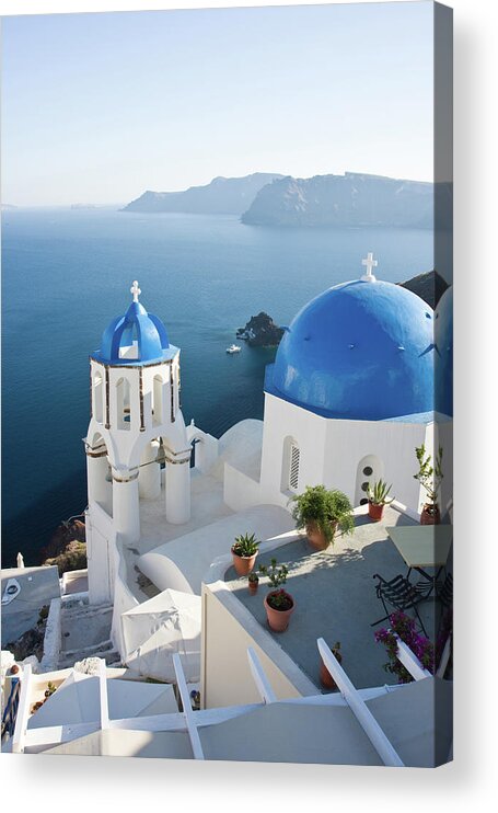 Greece Acrylic Print featuring the photograph Santorini Terrace And Churches With by Arturbo