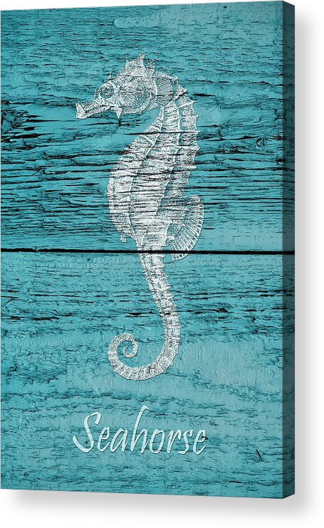Seahorse On Blue Wood Acrylic Print featuring the photograph Seahorse On Blue Wood by Cora Niele
