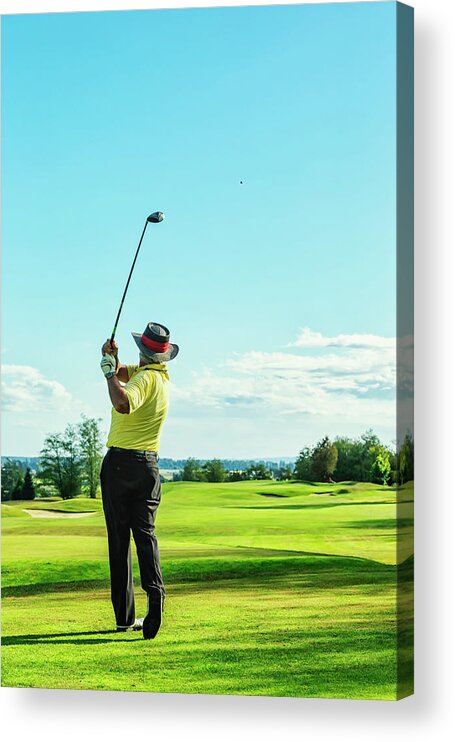 Expertise Acrylic Print featuring the photograph Senior Golfer On Golf Course Teeing Off by Jhorrocks