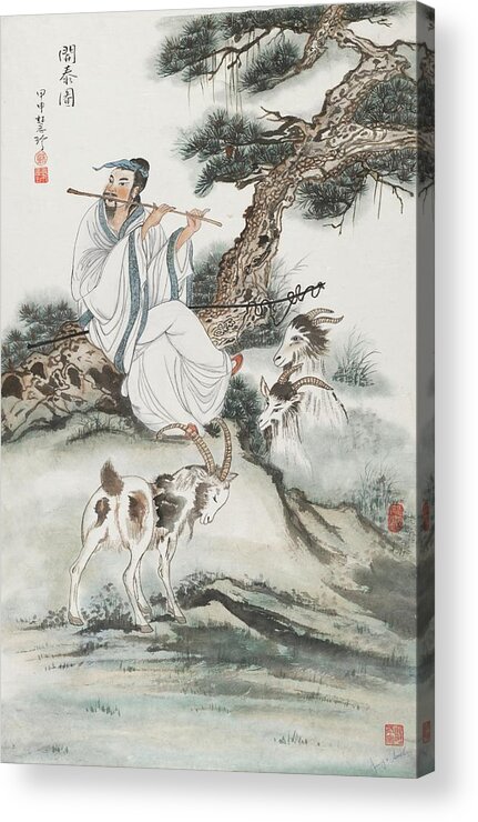 Chinese Watercolor Acrylic Print featuring the painting Shepherd Serenading His Goats by Jenny Sanders
