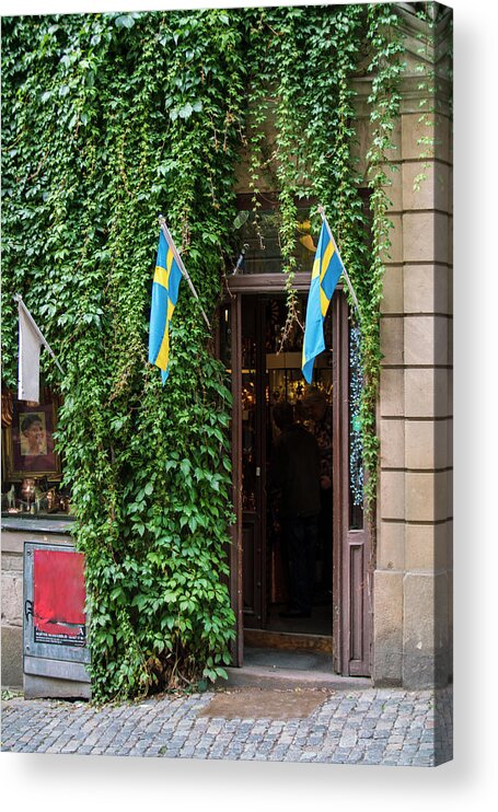Tourism Acrylic Print featuring the photograph Shops At The Historic Medieval Old City Gamlastan In Stockholm by Cavan Images