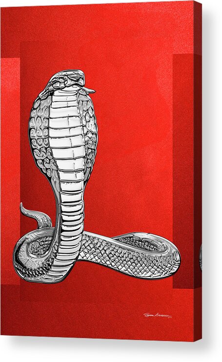 'beasts Creatures And Critters' Collection By Serge Averbukh Acrylic Print featuring the digital art Silver King Cobra on Red Canvas by Serge Averbukh