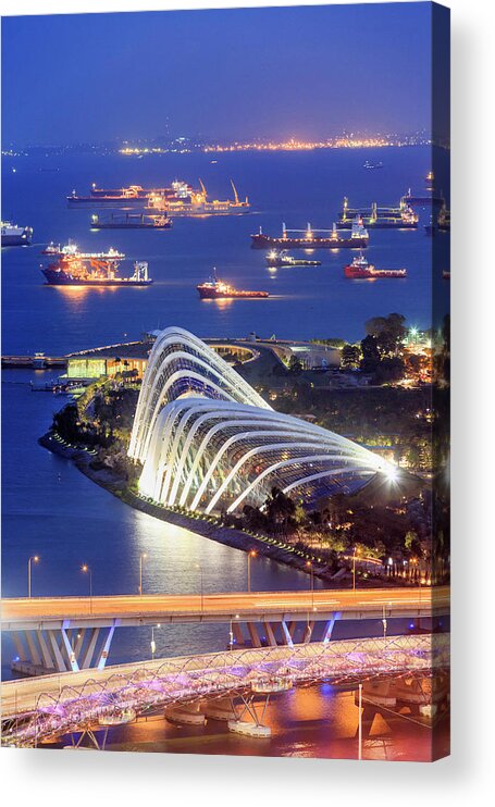 Estock Acrylic Print featuring the digital art Singapore, Singapore City, Gardens By The Bay Conservatory Complex By Night by Maurizio Rellini