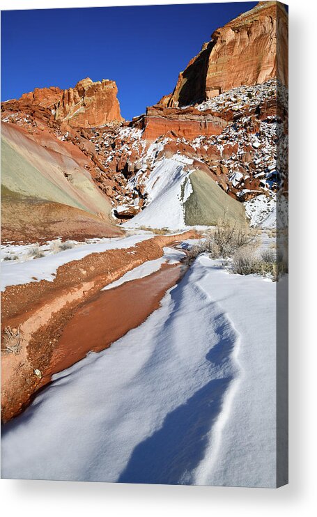 Capitol Reef National Park Acrylic Print featuring the photograph Snow Melts Beneath Cohab Canyon by Ray Mathis
