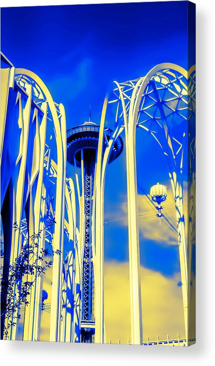Space Needle Acrylic Print featuring the photograph Space Needle Blue and Yellow by Cathy Anderson