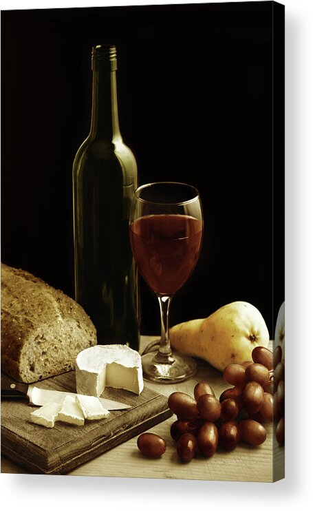 Cheese Acrylic Print featuring the photograph Still Life With Wine Cheese And Fruit by Oliverchilds