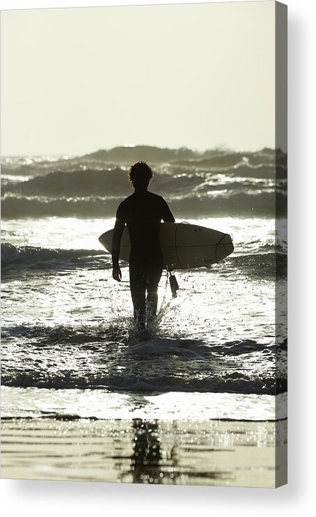People Acrylic Print featuring the photograph Surfer Walking Out To Sea With Surfboard by Dougal Waters