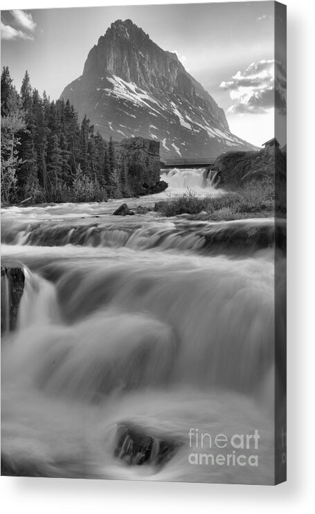 Swift Current Falls Acrylic Print featuring the photograph Swiftcurrent Falls Spring SUnset Black And White by Adam Jewell