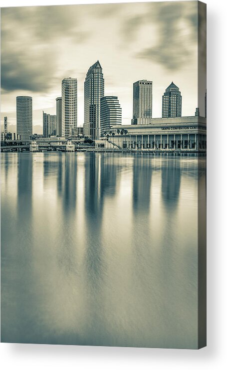 America Acrylic Print featuring the photograph Tampa Bay Skyline at Sunrise - Sepia Edition by Gregory Ballos