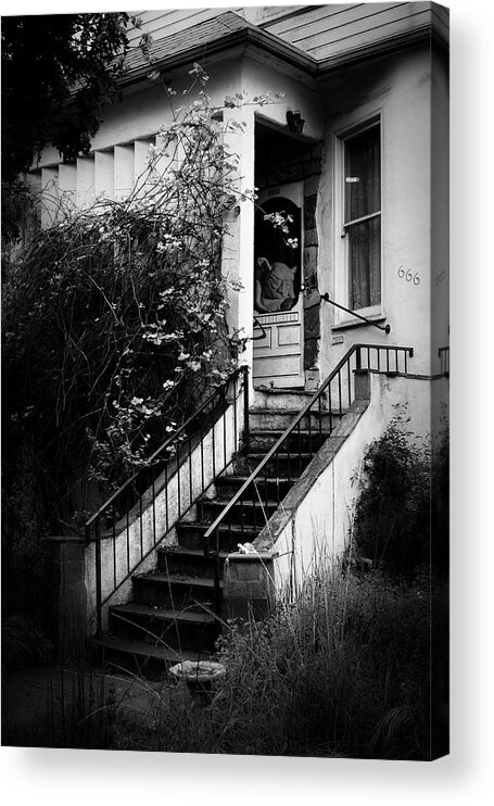 Black And White Acrylic Print featuring the photograph The Gargoyle at House 666 by Mary Lee Dereske