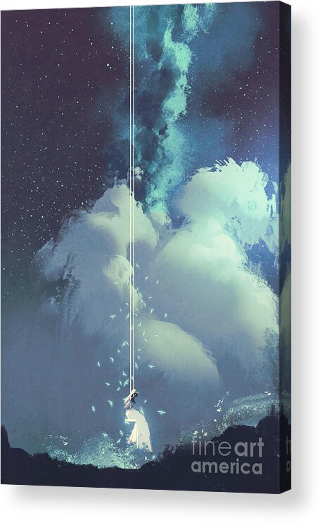 Magic Acrylic Print featuring the digital art The Woman On A Swing Under The Night by Tithi Luadthong