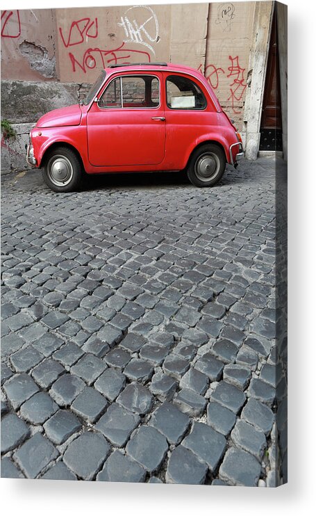 Sparse Acrylic Print featuring the photograph Tiny Red Vintage Car In Rome, Italy by Romaoslo