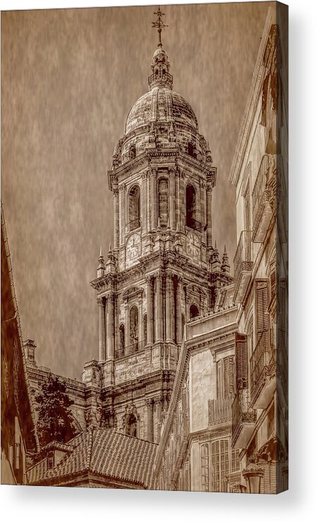 Cathedral Of Malaga Acrylic Print featuring the photograph Towering Above Malaga, Sepia Vertical by Marcy Wielfaert