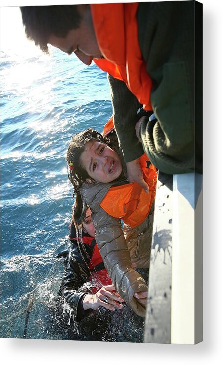 Child Acrylic Print featuring the photograph Turkish Coast Guard Rescues Refugees In by Anadolu Agency