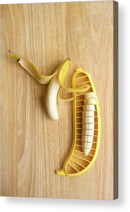 Cutting Board Acrylic Print featuring the photograph Two Bananas On Cutting Board by Kelly Sillaste