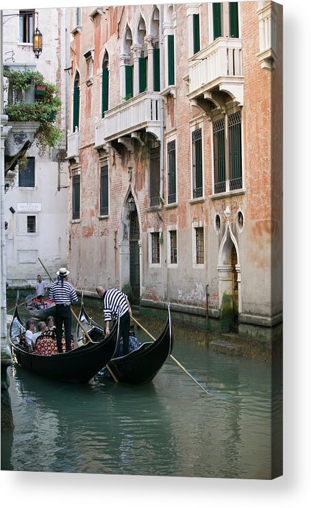 Side By Side Acrylic Print featuring the photograph Two Gondolas Side By Side In Canal In by Photodisc