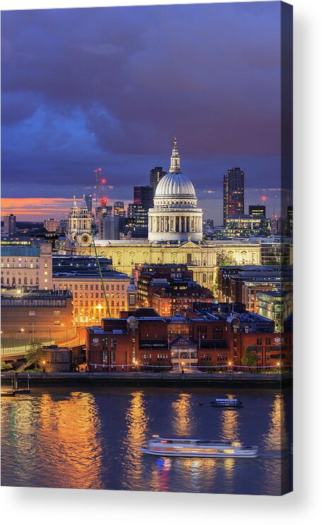 Estock Acrylic Print featuring the digital art United Kingdom, England, London, Great Britain, Thames, City Of London, St. Paul's Cathedral Aerial View By Night by Maurizio Rellini