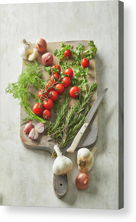 Cuisine At Home Acrylic Print featuring the photograph Vegetables and herbs on a cutting board by Cuisine at Home