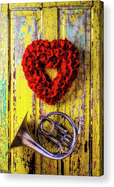 Color Acrylic Print featuring the photograph Wreath Heart And French Horn by Garry Gay