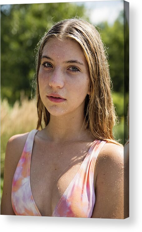 Adolescence Acrylic Print featuring the photograph Beautiful portrait of teenage girl in summer nature. #1 by Martinedoucet