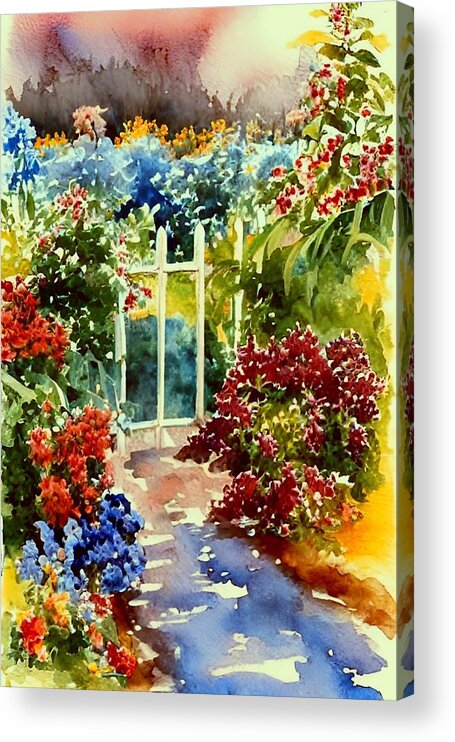 Watercolor Acrylic Print featuring the painting Behind the Garden Gate #1 by Bonnie Bruno