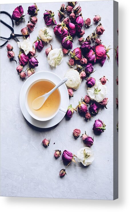 Fragility Acrylic Print featuring the photograph Cup of herbal tea with dried roses #1 by JuliaK