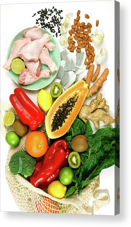 Food Acrylic Print featuring the photograph Foods that boost the Immune System including fruit, vegetables and poultry. #1 by Milleflore Images