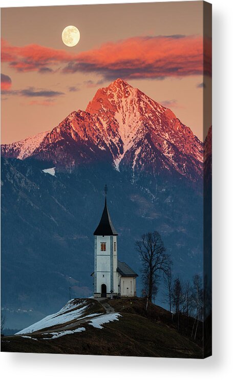 Jamnik Acrylic Print featuring the photograph Full moon rising over Jamnik church and Storzic at sunset #1 by Ian Middleton