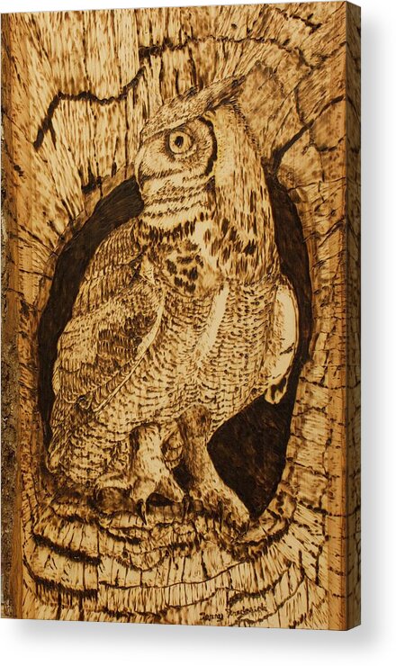 Great Horned Owl Acrylic Print featuring the pyrography Great Horned Owl by Terry Frederick