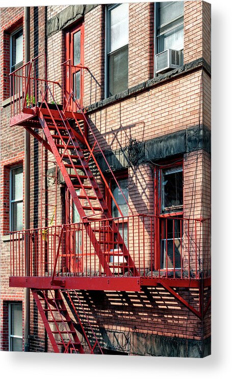 New York Acrylic Print featuring the photograph NY CITY - Red Fire Escape Stairs #1 by Philippe HUGONNARD