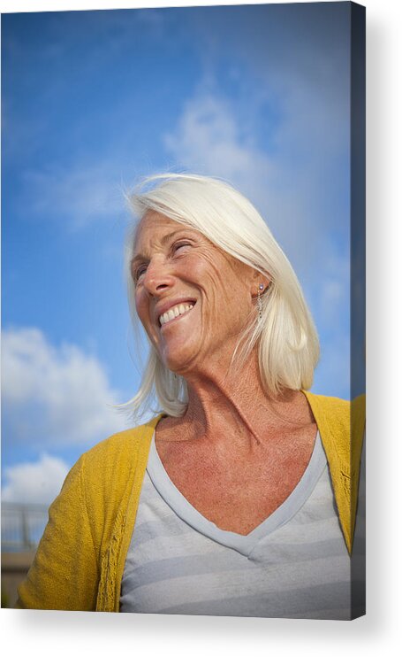 Cardigan Sweater Acrylic Print featuring the photograph Portrait Of Fit senior Woman At The Beach #1 by Stephen Simpson