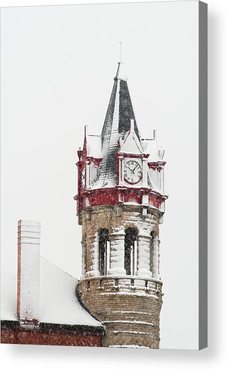 Stoughton Acrylic Print featuring the photograph 100 percent Chance of Snow at 10AM -  - Stoughton Opera House clock tower in snowstorm by Peter Herman
