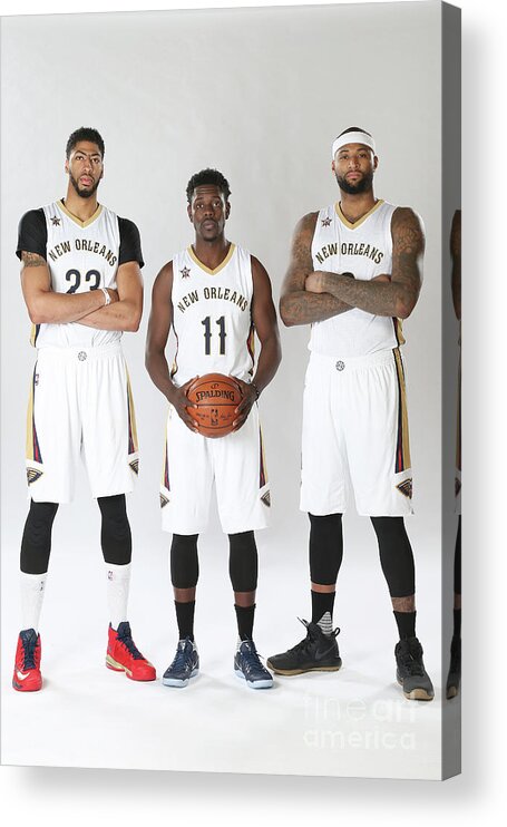 Jrue Holiday Acrylic Print featuring the photograph Demarcus Cousins, Jrue Holiday, and Anthony Davis by Layne Murdoch