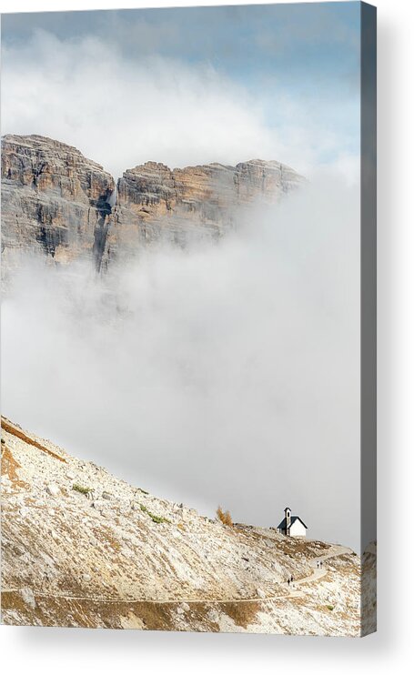 Italian Alps Acrylic Print featuring the photograph Mountain landscape with fog in autumn. Tre Cime dolomiti Italy. #6 by Michalakis Ppalis