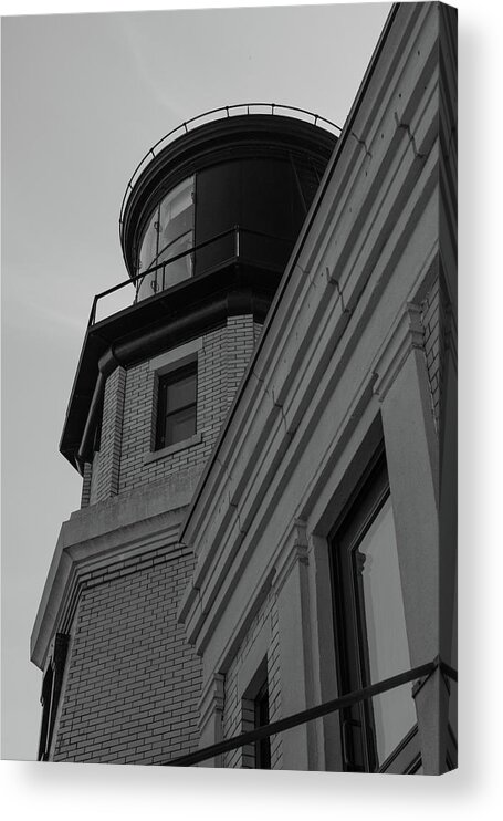 Split Rock Lighthouse Minnesota Acrylic Print featuring the photograph Split Rock Lighthouse in Minnesota located along Lake Superior in black and white #6 by Eldon McGraw